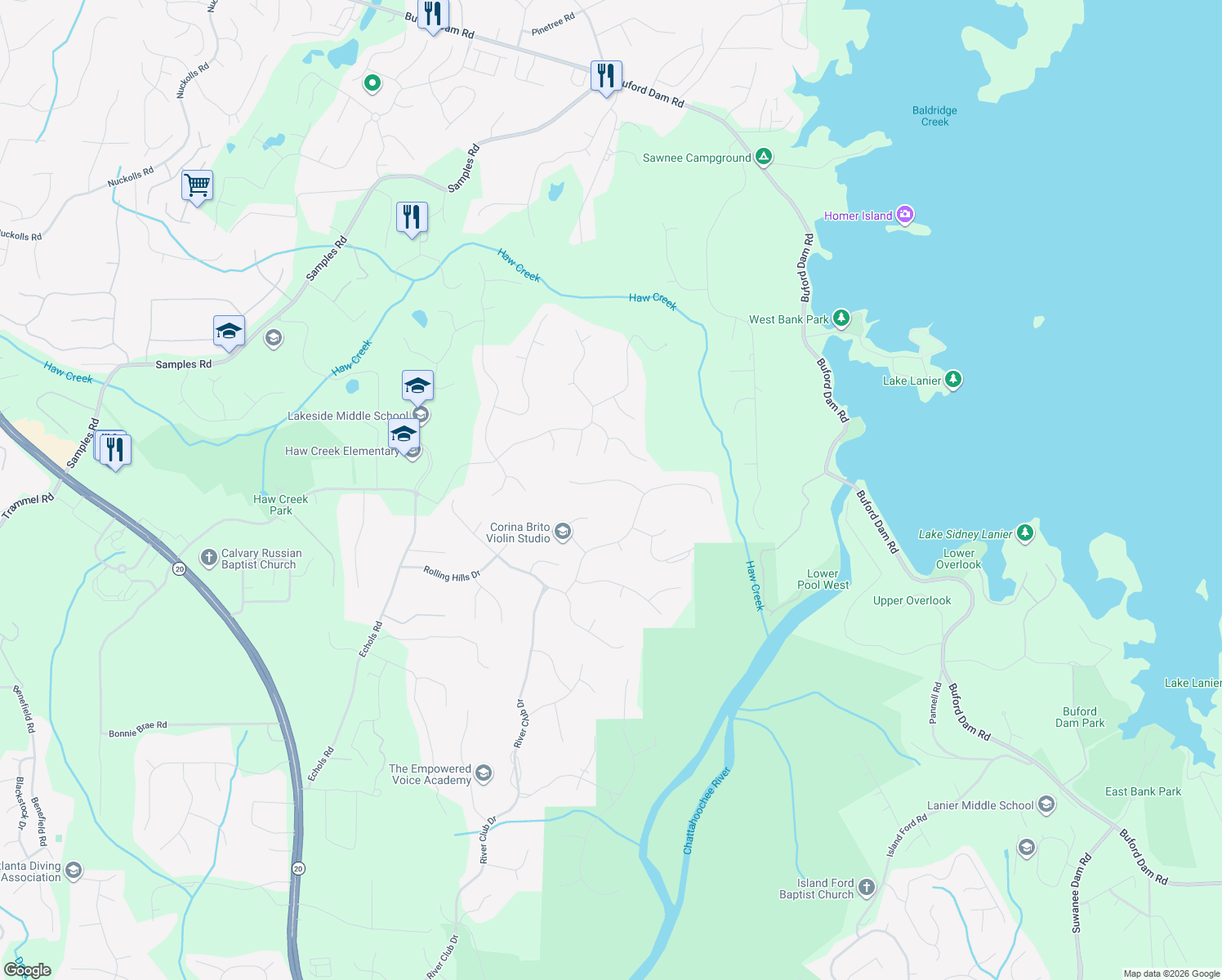map of restaurants, bars, coffee shops, grocery stores, and more near 4855 North Point Way in Cumming