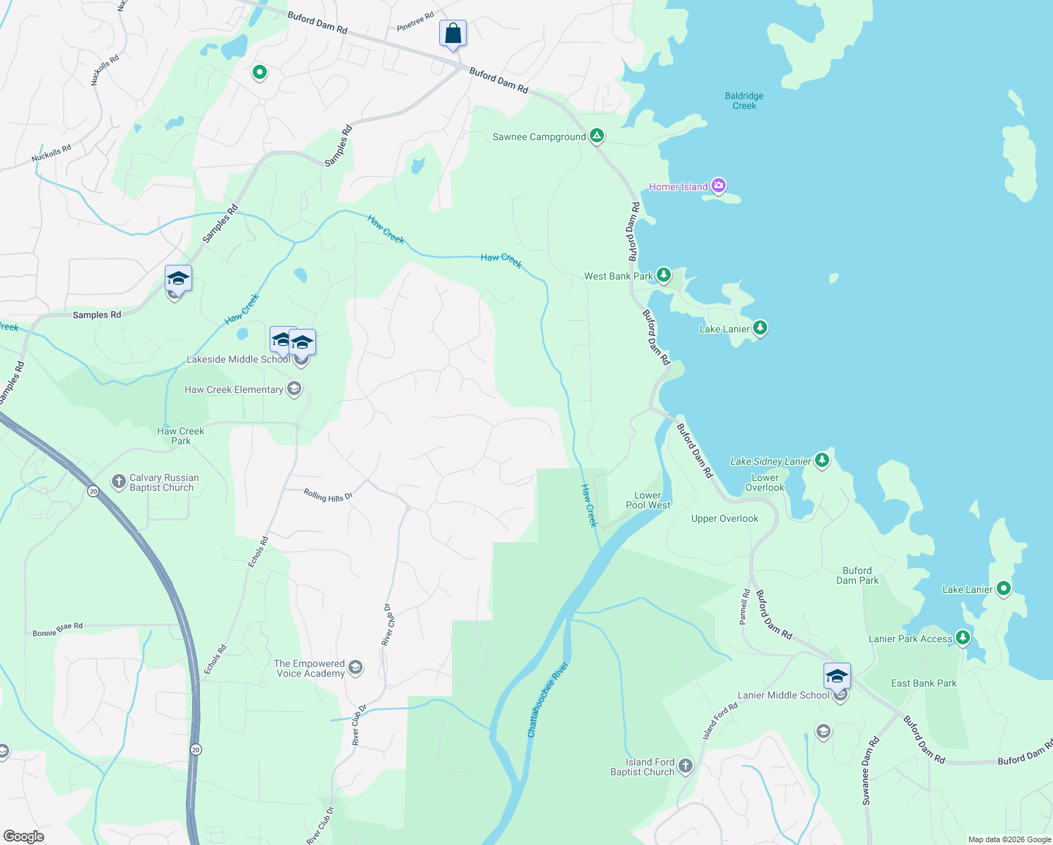 map of restaurants, bars, coffee shops, grocery stores, and more near 4935 North River Drive in Cumming