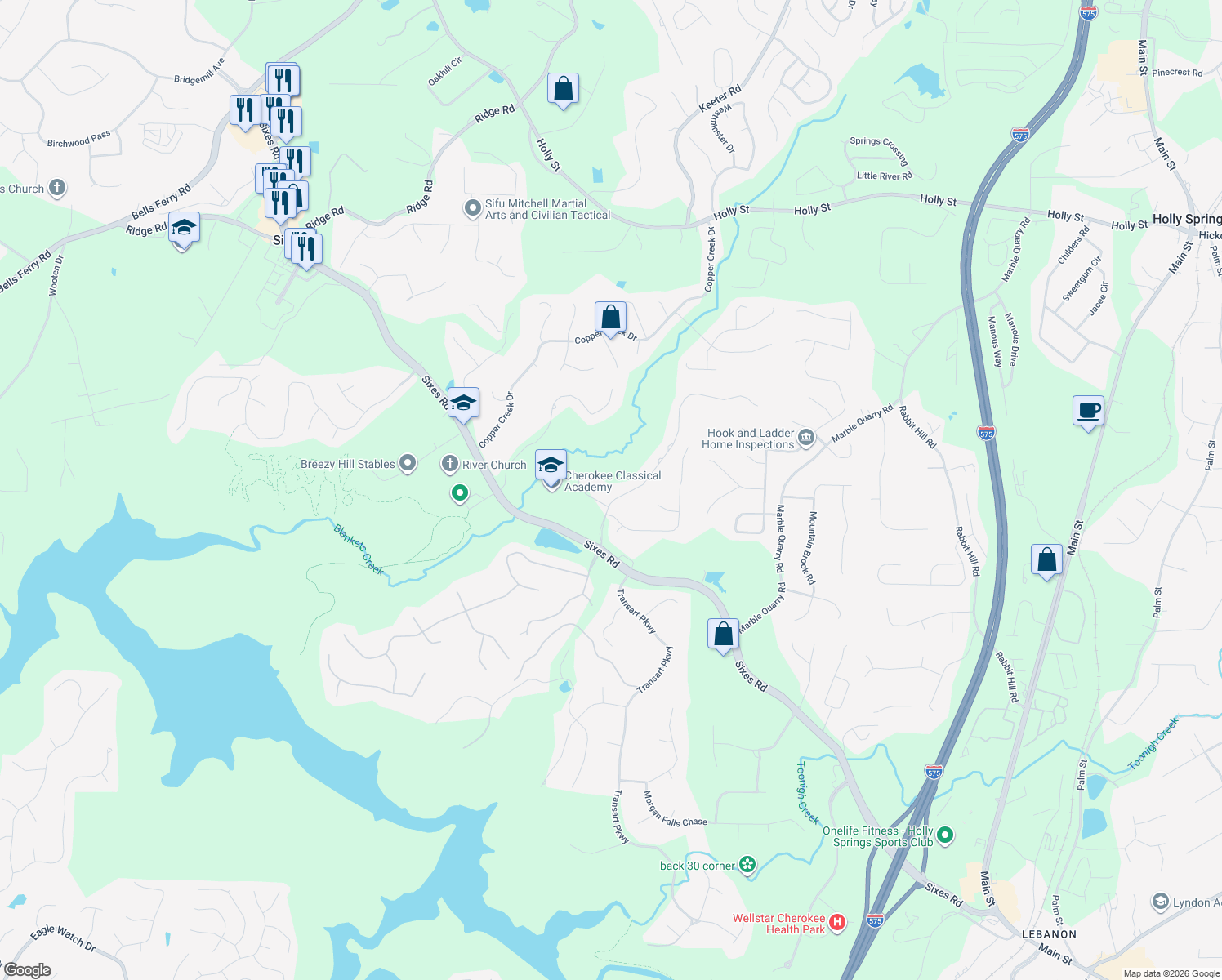 map of restaurants, bars, coffee shops, grocery stores, and more near 541 East Shore Drive in Canton