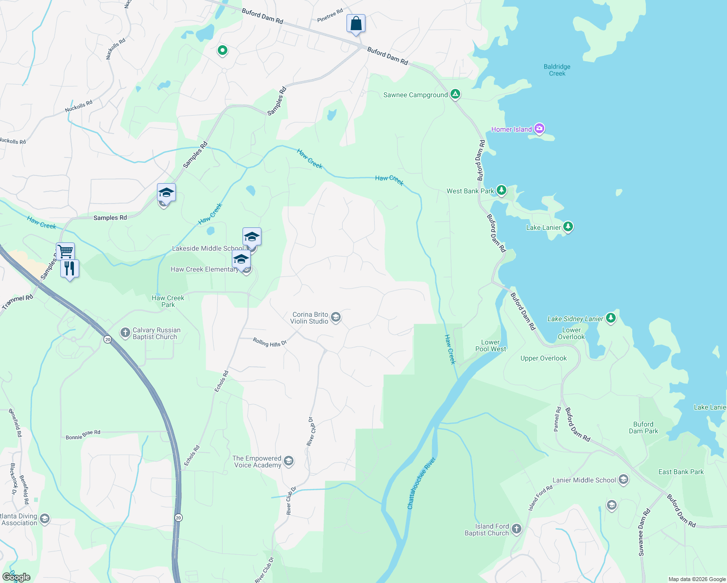map of restaurants, bars, coffee shops, grocery stores, and more near 4855 North Point Way in Cumming