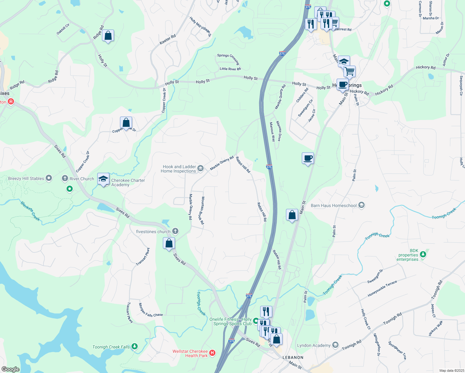 map of restaurants, bars, coffee shops, grocery stores, and more near 1755 Mountain Trace in Canton