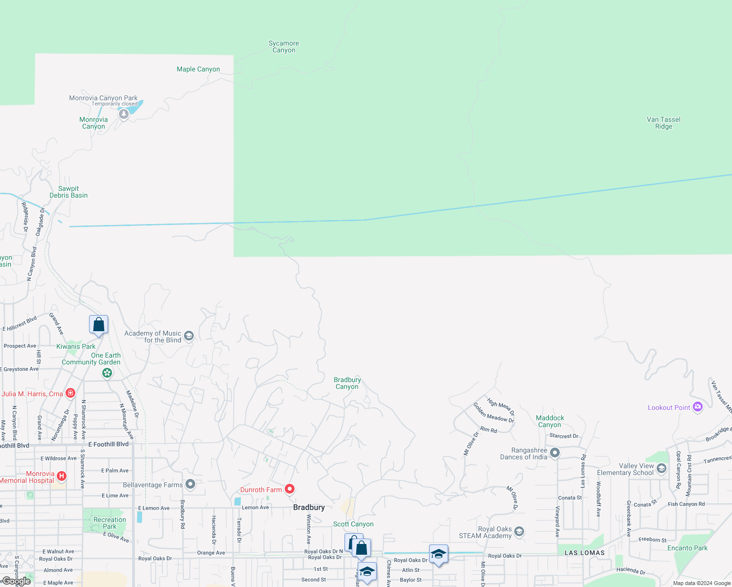 map of restaurants, bars, coffee shops, grocery stores, and more near in Duarte