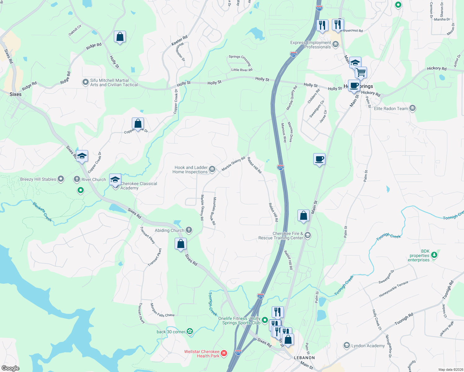 map of restaurants, bars, coffee shops, grocery stores, and more near 2550 Mountain Brook Road in Canton