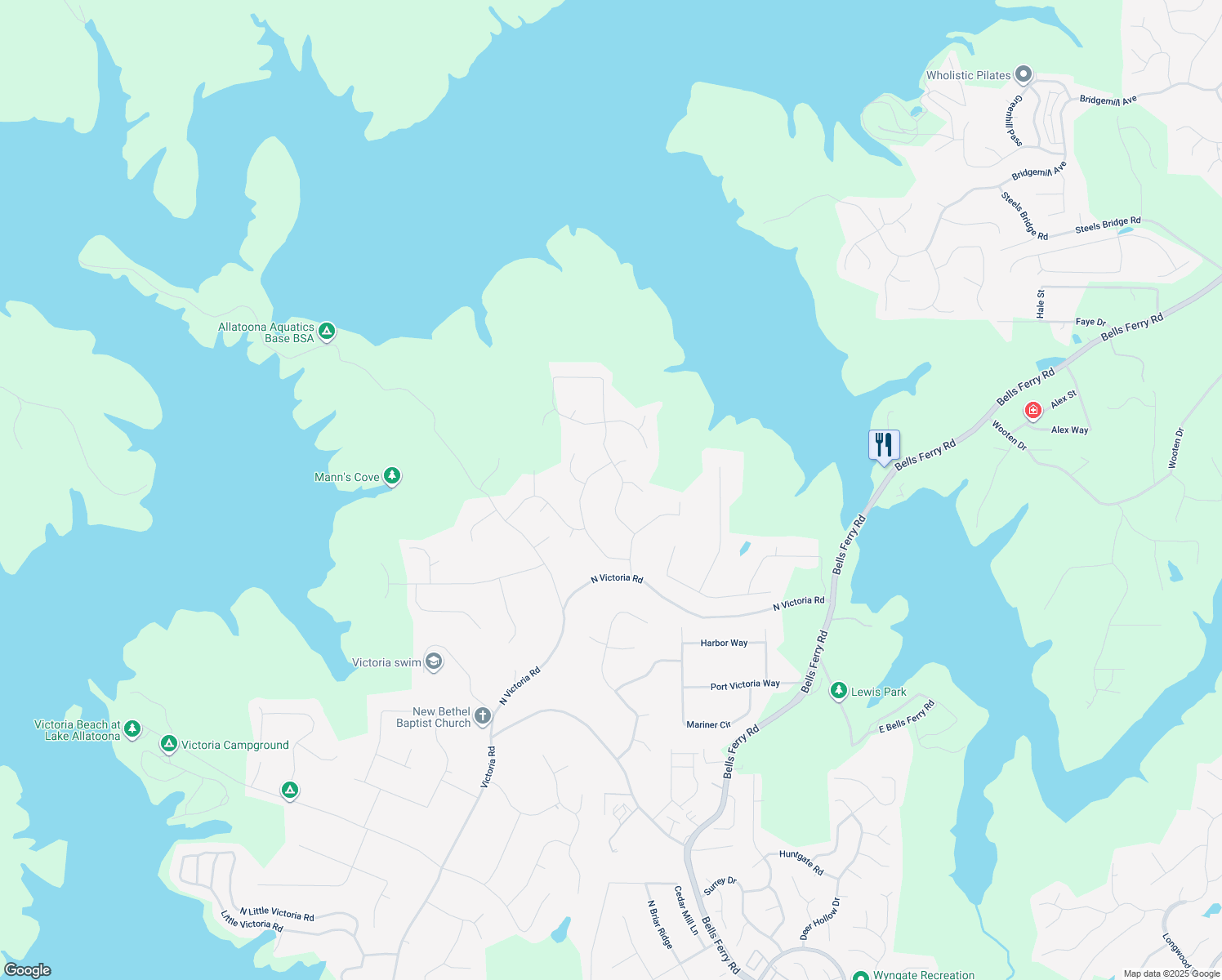 map of restaurants, bars, coffee shops, grocery stores, and more near 1320 Towne Harbor Trail in Woodstock