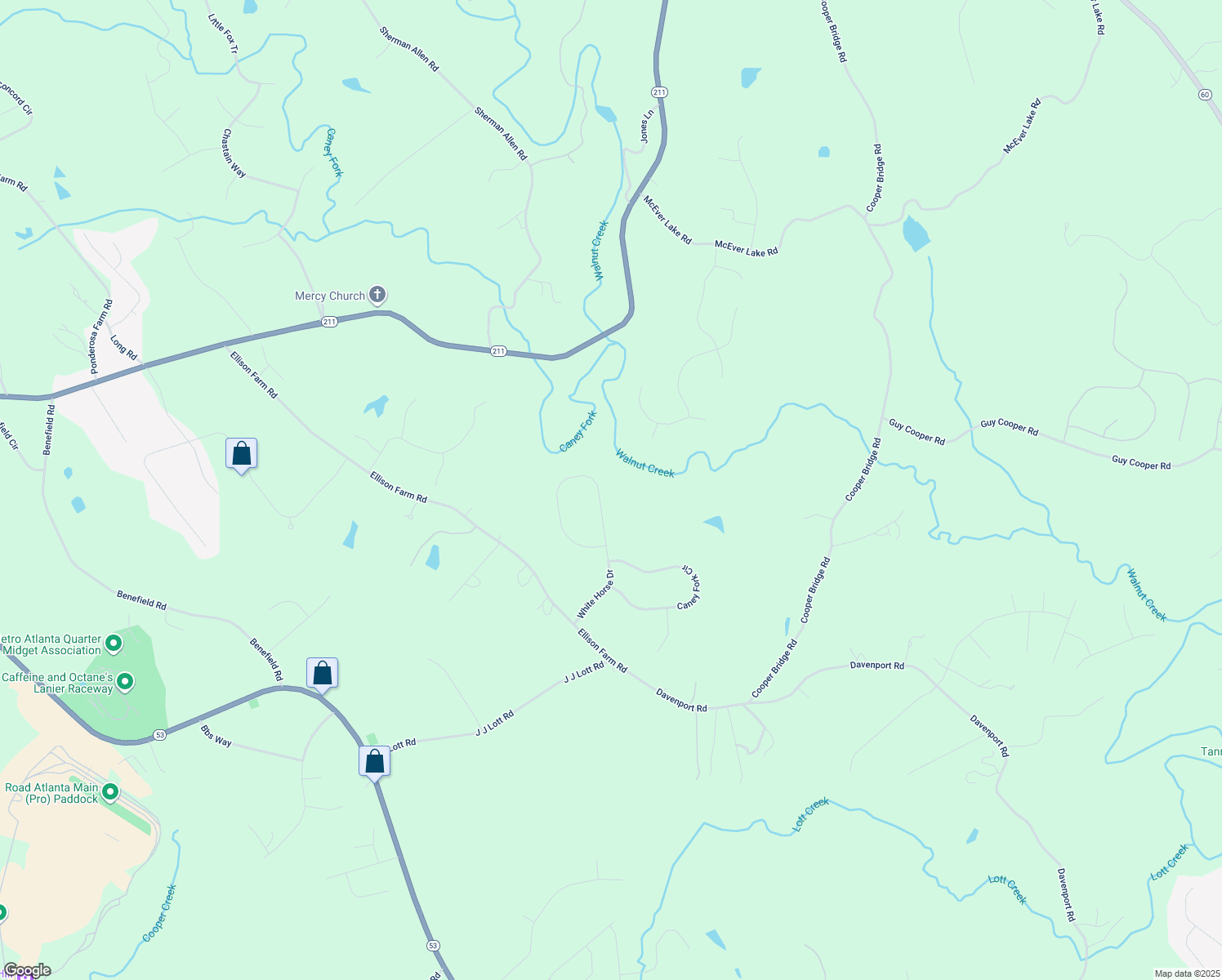 map of restaurants, bars, coffee shops, grocery stores, and more near 4552 White Horse Drive in Braselton