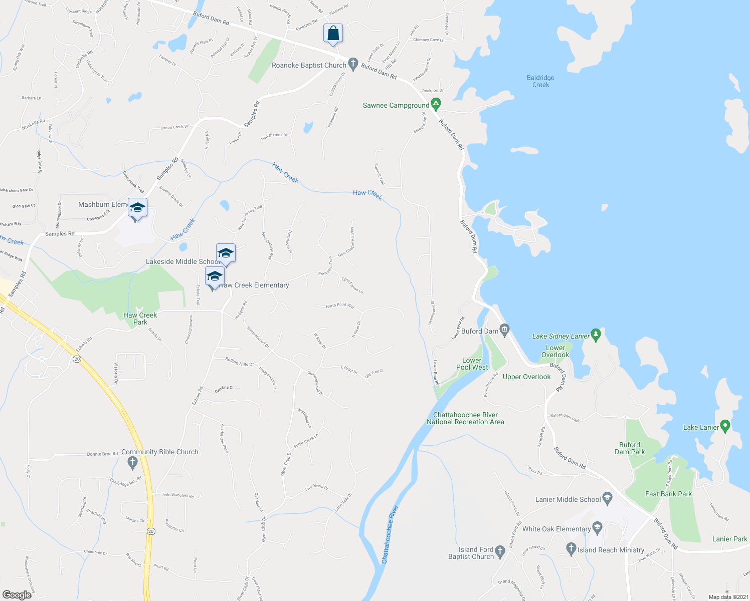 map of restaurants, bars, coffee shops, grocery stores, and more near 4895 North River Drive in Cumming