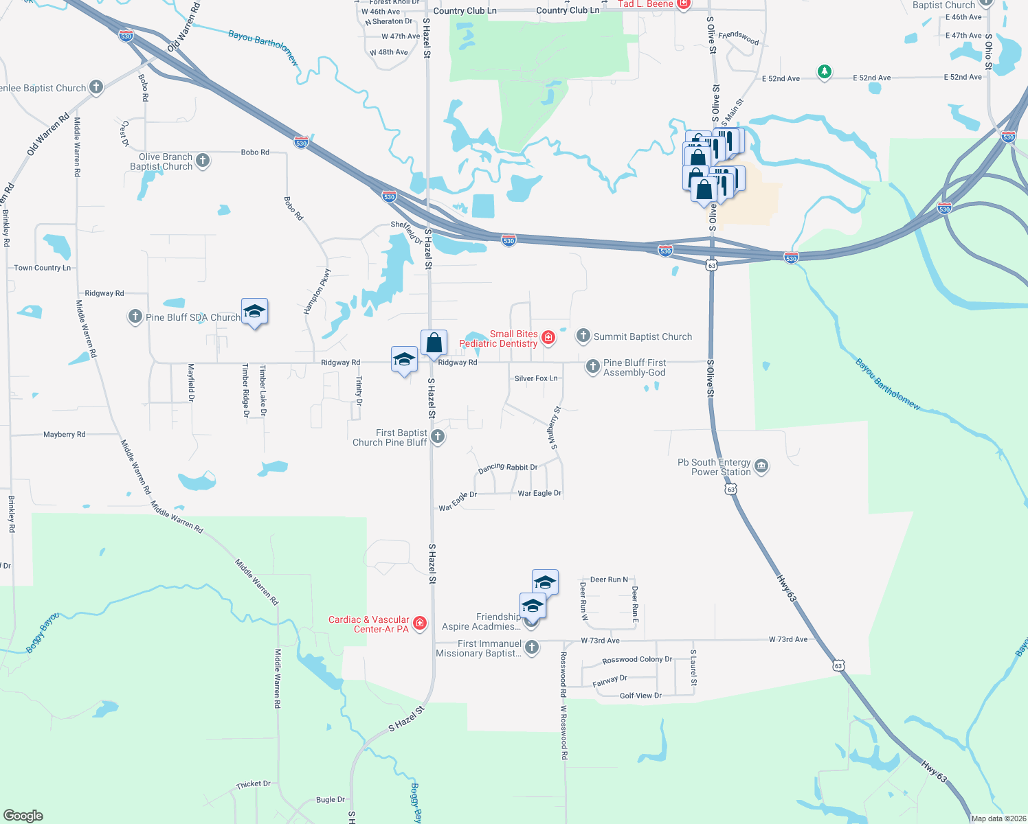 map of restaurants, bars, coffee shops, grocery stores, and more near 1502 Blackhawk Ridge Lane in Pine Bluff