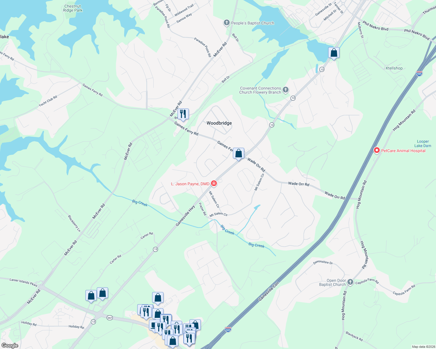 map of restaurants, bars, coffee shops, grocery stores, and more near 6068 Atlanta Hwy in Flowery Branch