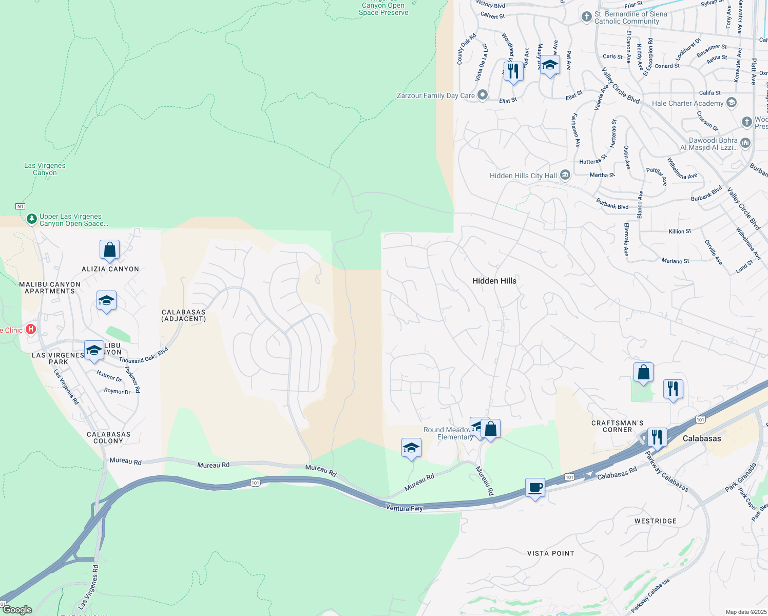map of restaurants, bars, coffee shops, grocery stores, and more near 5535 Dixon Trail Road in Hidden Hills