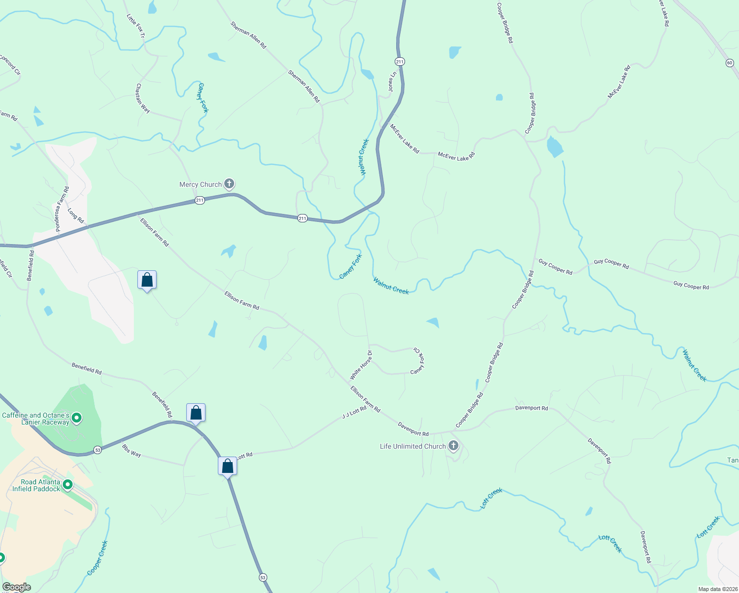 map of restaurants, bars, coffee shops, grocery stores, and more near 4548 White Horse Drive in Braselton
