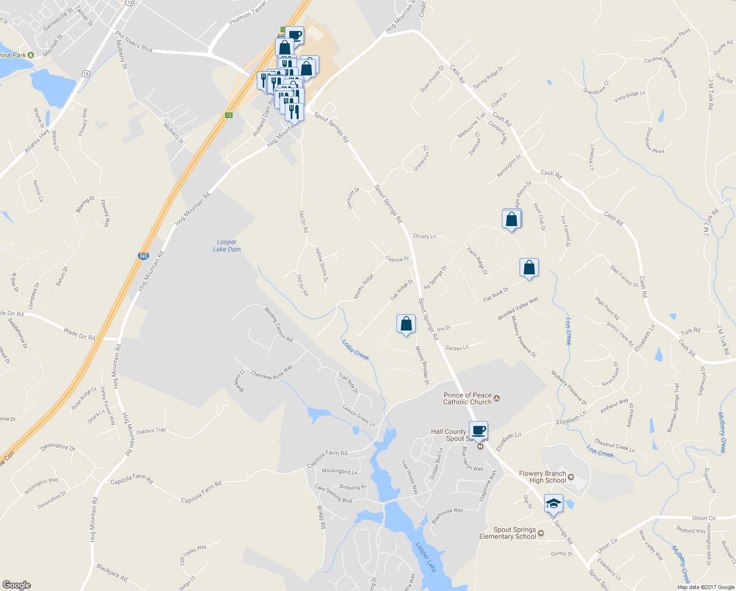 map of restaurants, bars, coffee shops, grocery stores, and more near 6251 Malibu Ridge in Flowery Branch