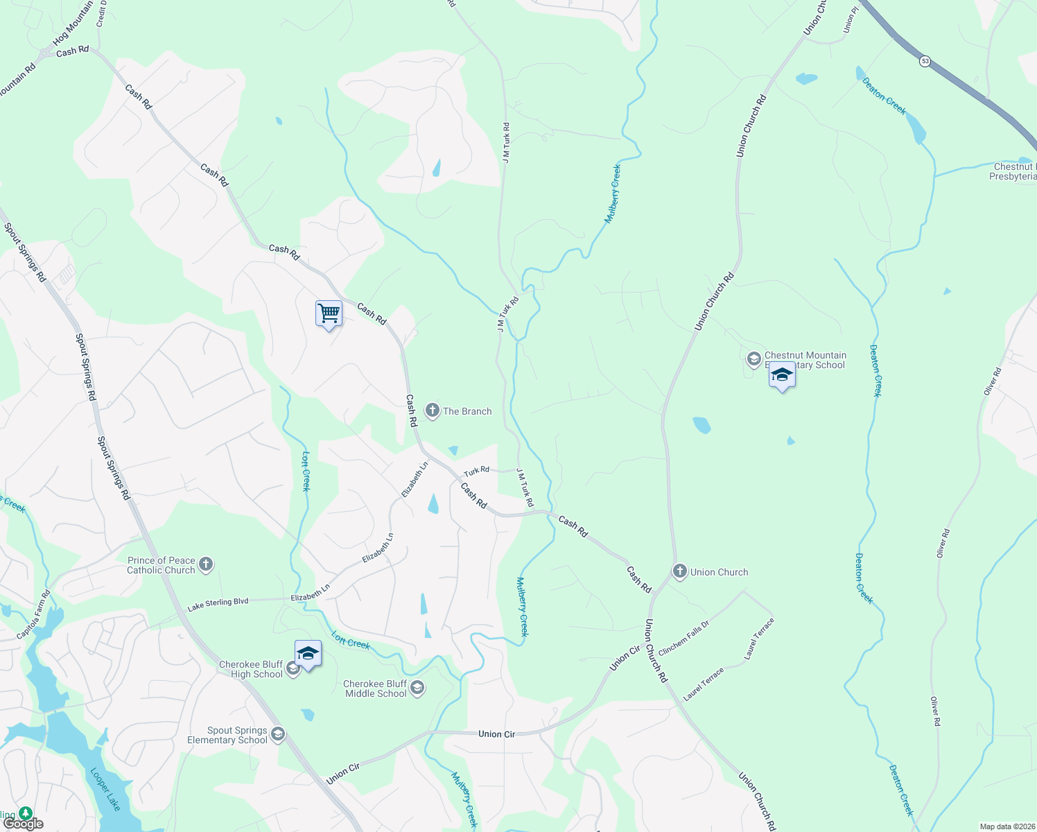 map of restaurants, bars, coffee shops, grocery stores, and more near 5208 Stately Oaks Drive in Flowery Branch