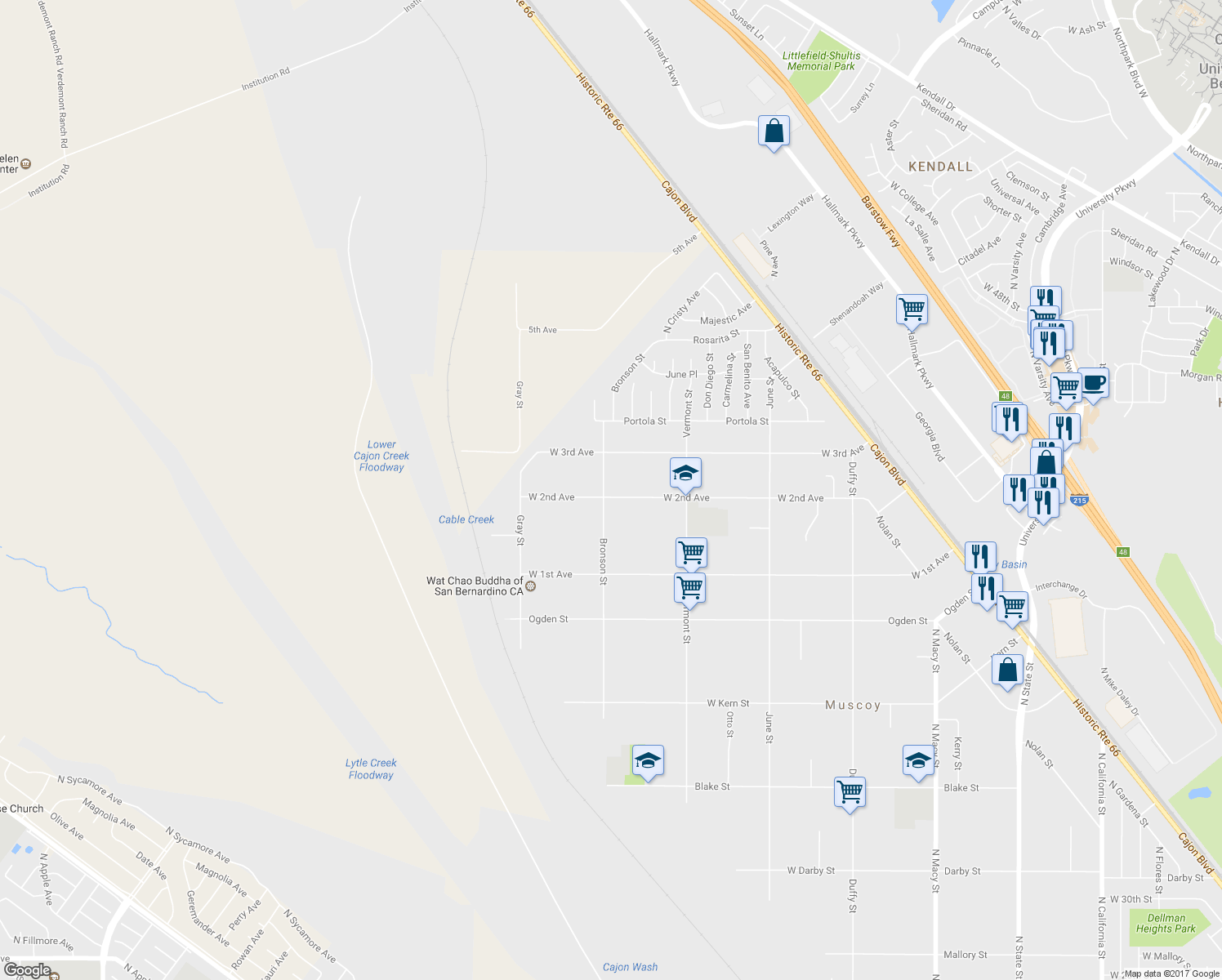 map of restaurants, bars, coffee shops, grocery stores, and more near 2482 West 2nd Avenue in Muscoy