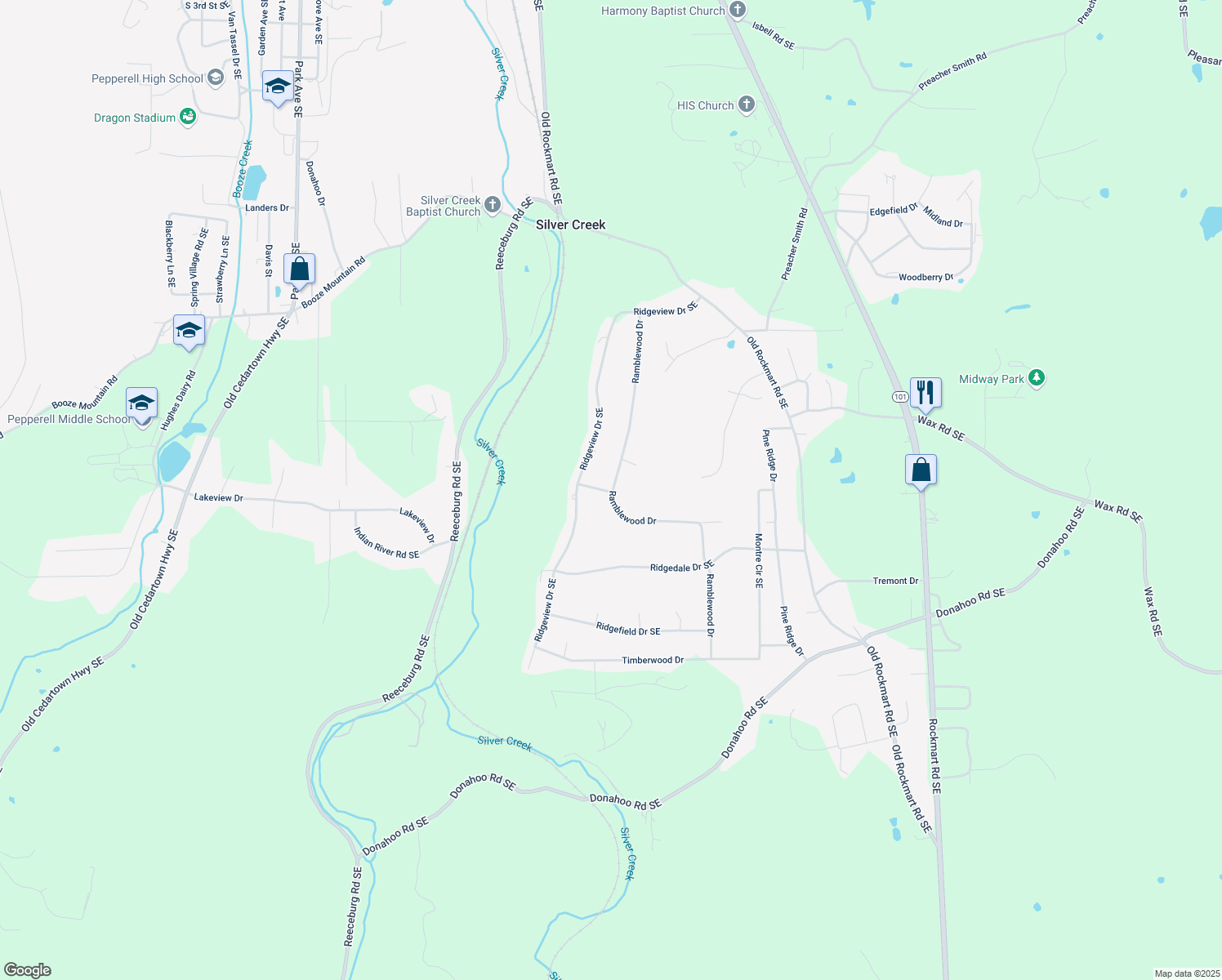 map of restaurants, bars, coffee shops, grocery stores, and more near 37 Ramblewood Dr in Silver Creek
