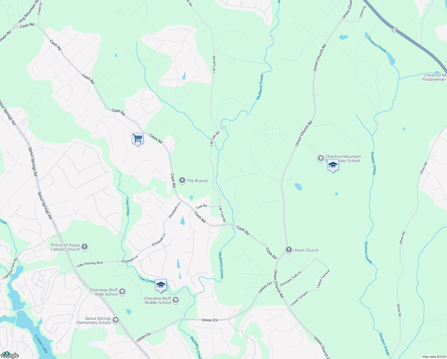 map of restaurants, bars, coffee shops, grocery stores, and more near 5192 Stately Oaks Drive in Flowery Branch