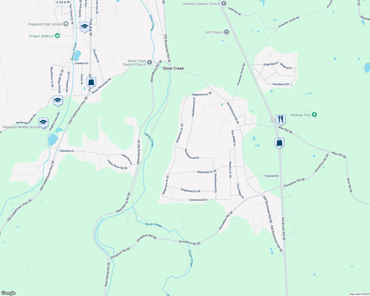 map of restaurants, bars, coffee shops, grocery stores, and more near 0 Wedgewood Drive in Silver Creek