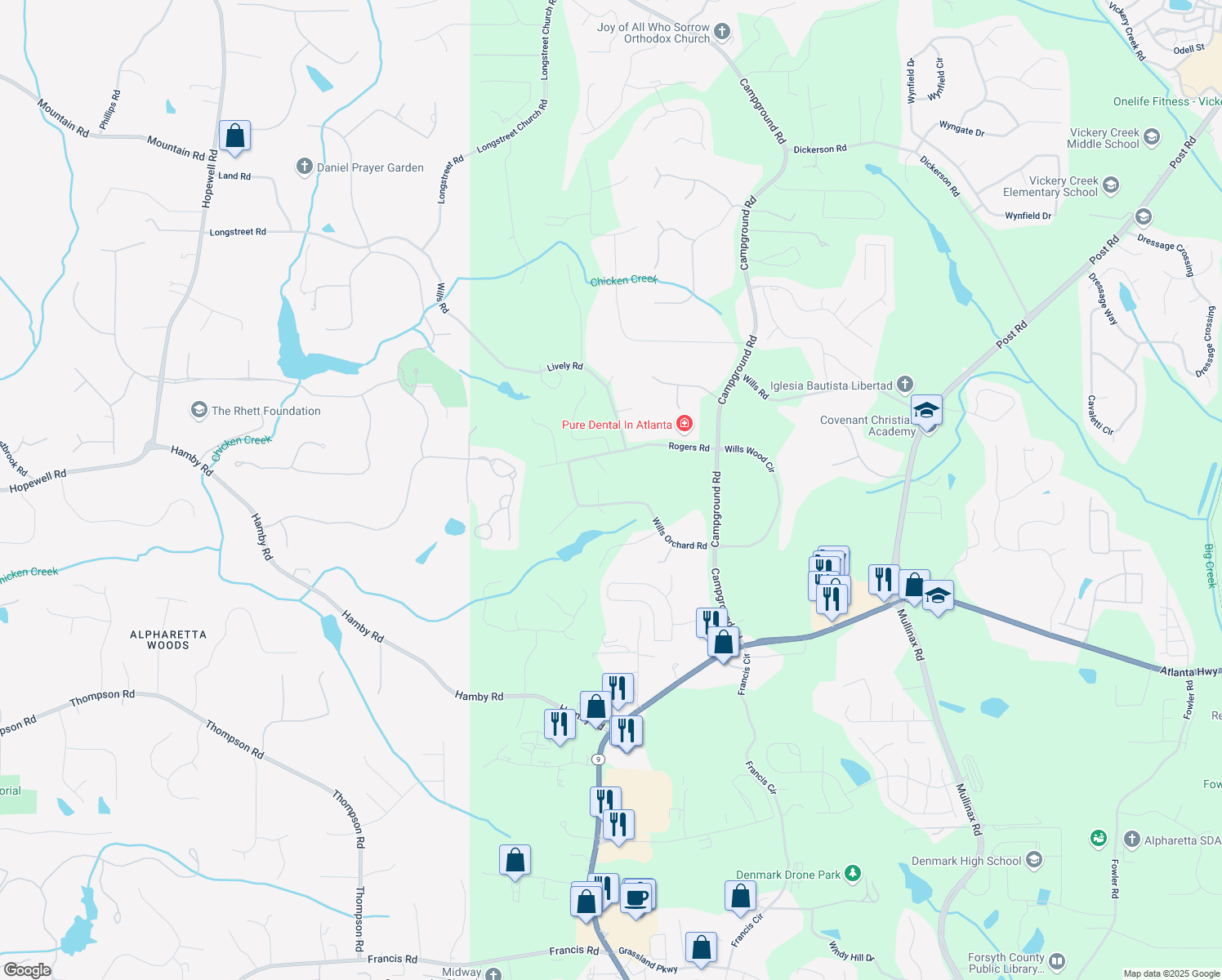 map of restaurants, bars, coffee shops, grocery stores, and more near 5902 Wills Orchard Road in Cumming
