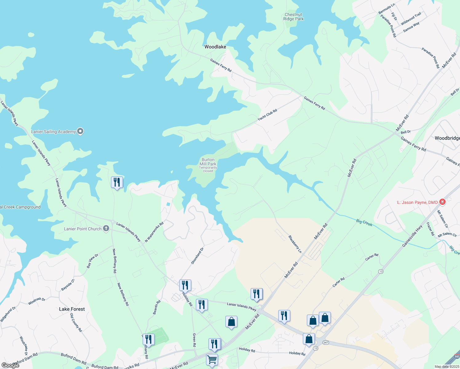 map of restaurants, bars, coffee shops, grocery stores, and more near 6041 Blackberry Lane in Buford