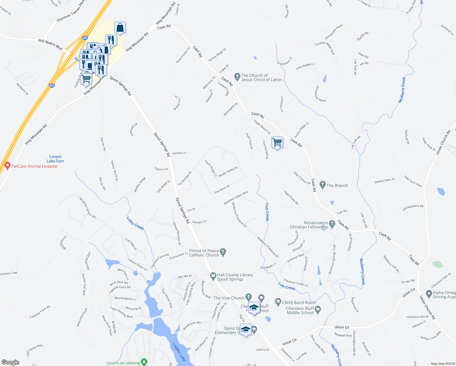 map of restaurants, bars, coffee shops, grocery stores, and more near 6391 Flat Rock Drive in Flowery Branch