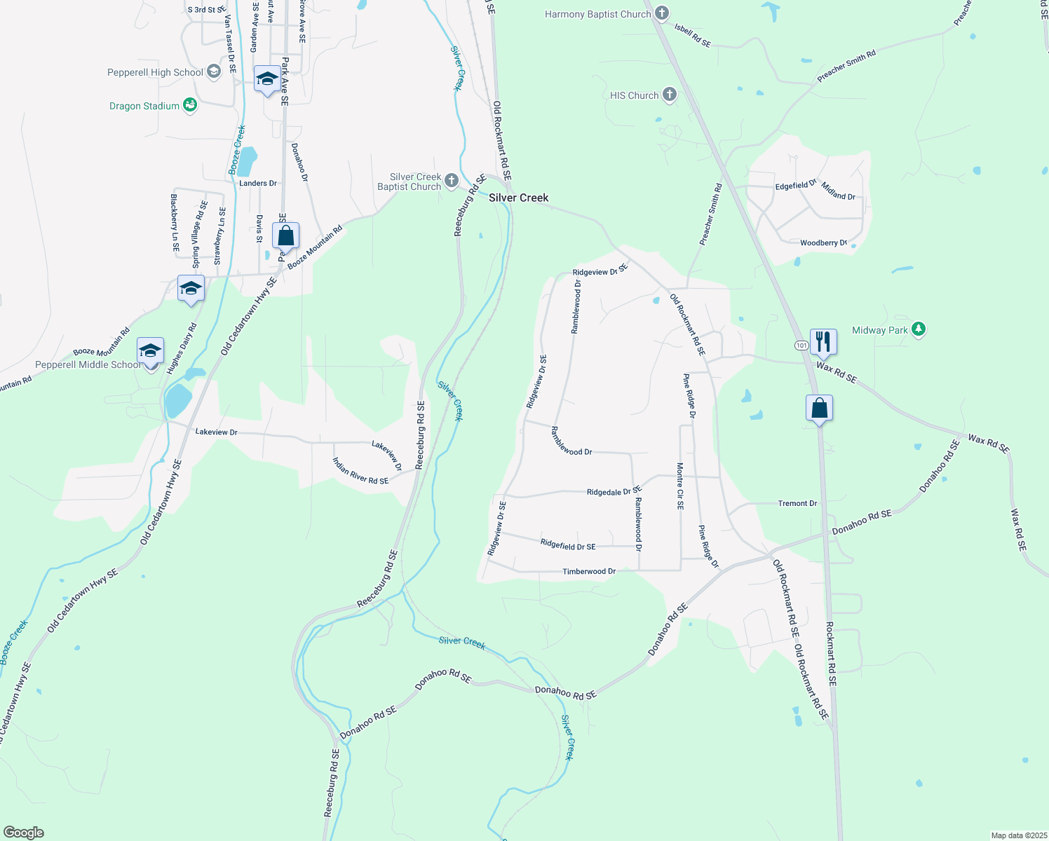 map of restaurants, bars, coffee shops, grocery stores, and more near 0 Wedgewood Drive in Silver Creek