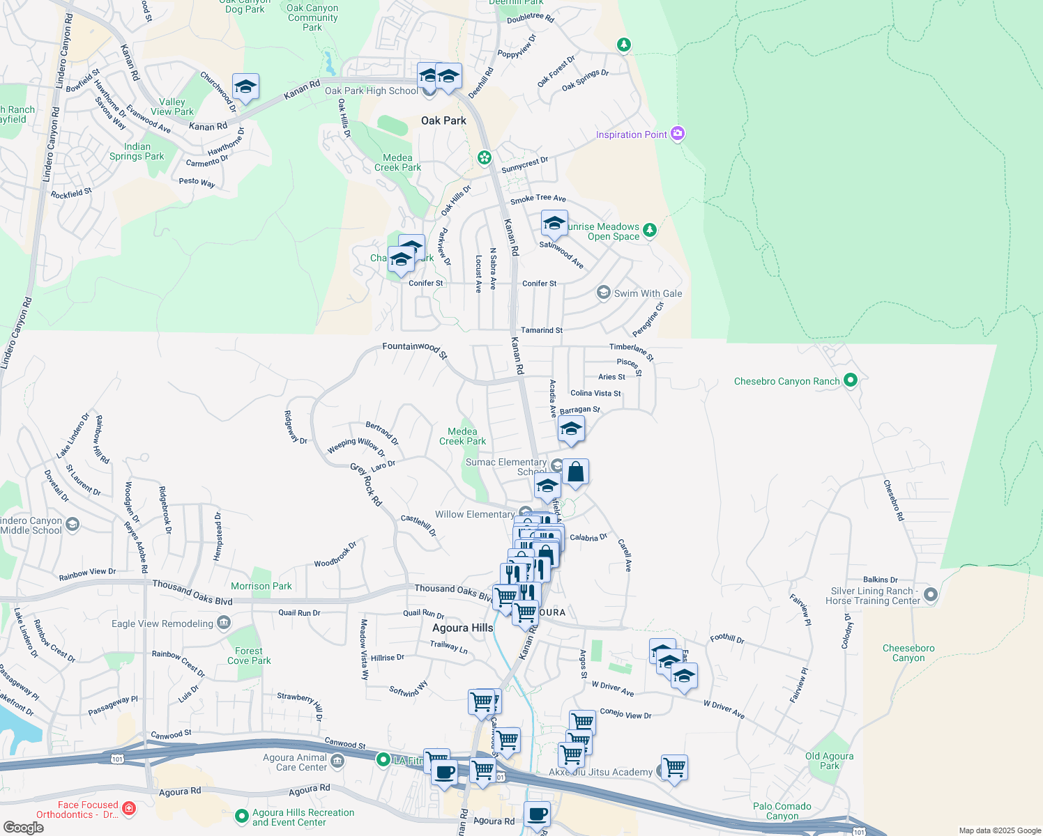 map of restaurants, bars, coffee shops, grocery stores, and more near 29000 Old Carriage Court in Agoura Hills