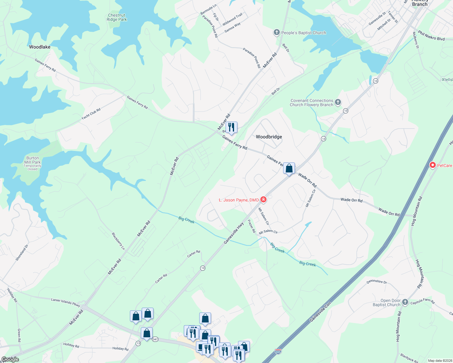 map of restaurants, bars, coffee shops, grocery stores, and more near 6192 Glen Oak Dr in Flowery Branch