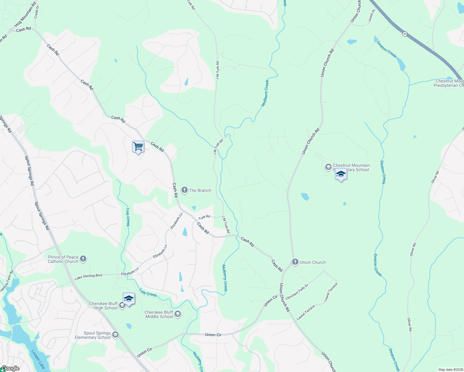 map of restaurants, bars, coffee shops, grocery stores, and more near 5192 Stately Oaks Drive in Flowery Branch