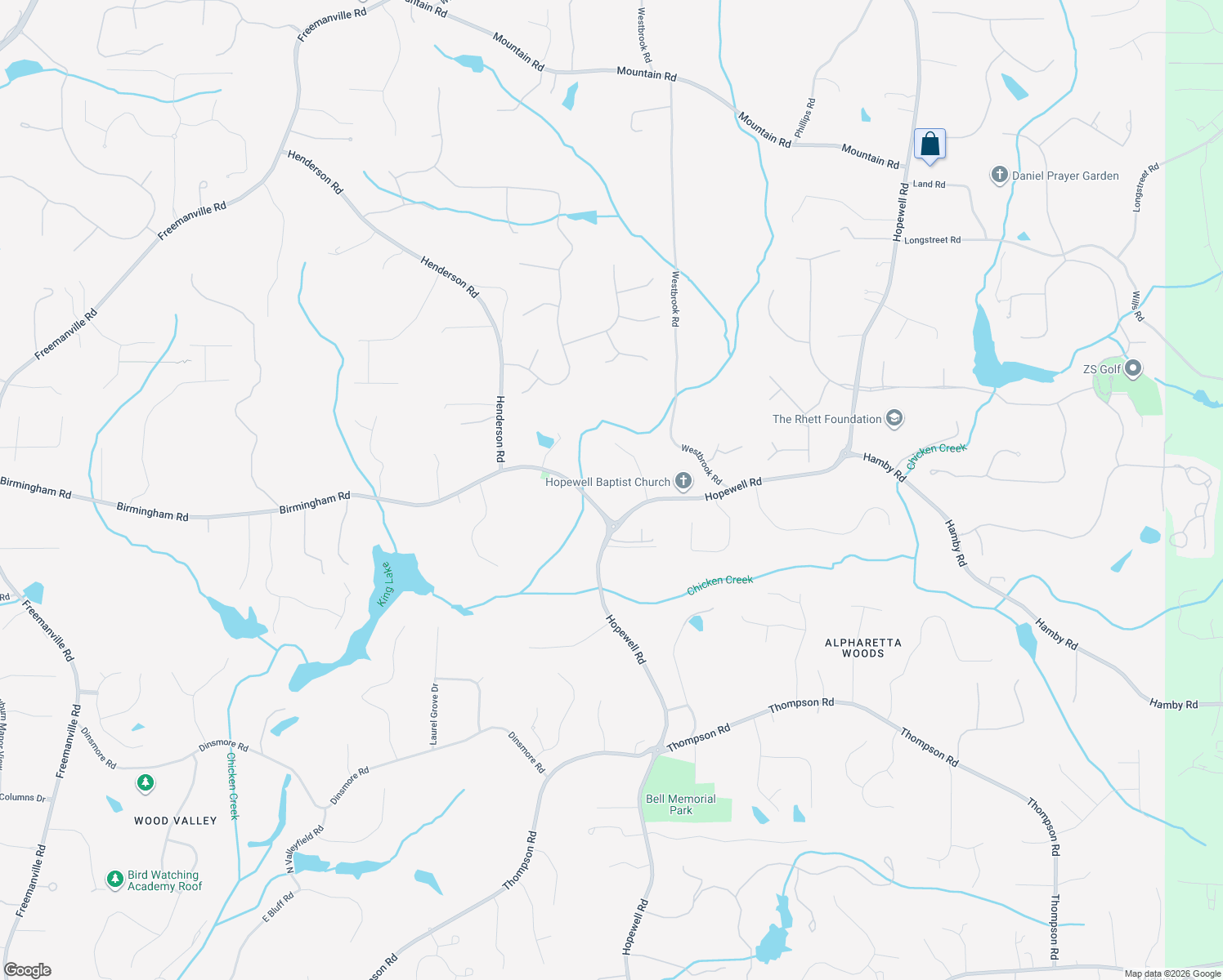 map of restaurants, bars, coffee shops, grocery stores, and more near 2425 Birmingham Road in Alpharetta