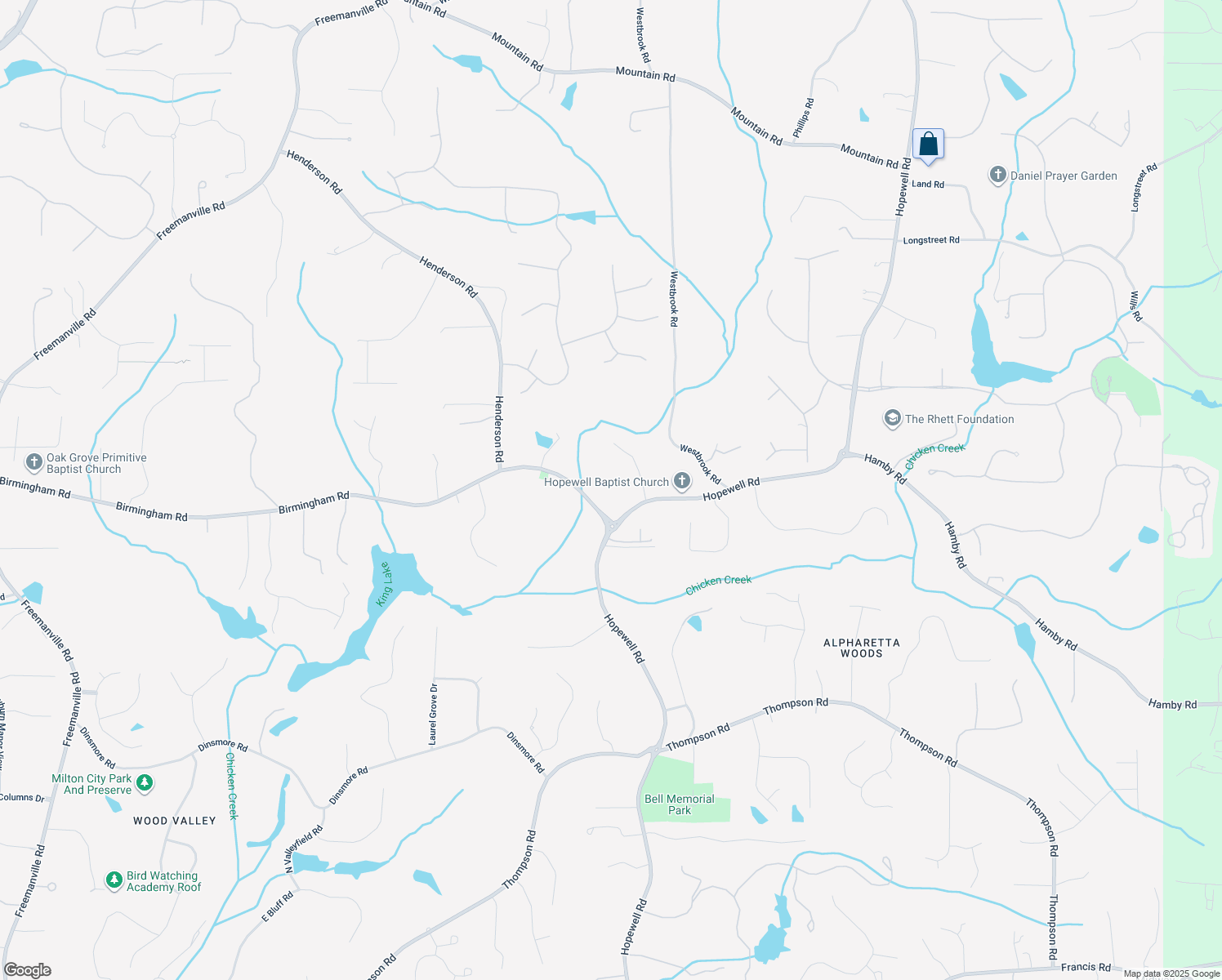 map of restaurants, bars, coffee shops, grocery stores, and more near 2425 Birmingham Road in Alpharetta
