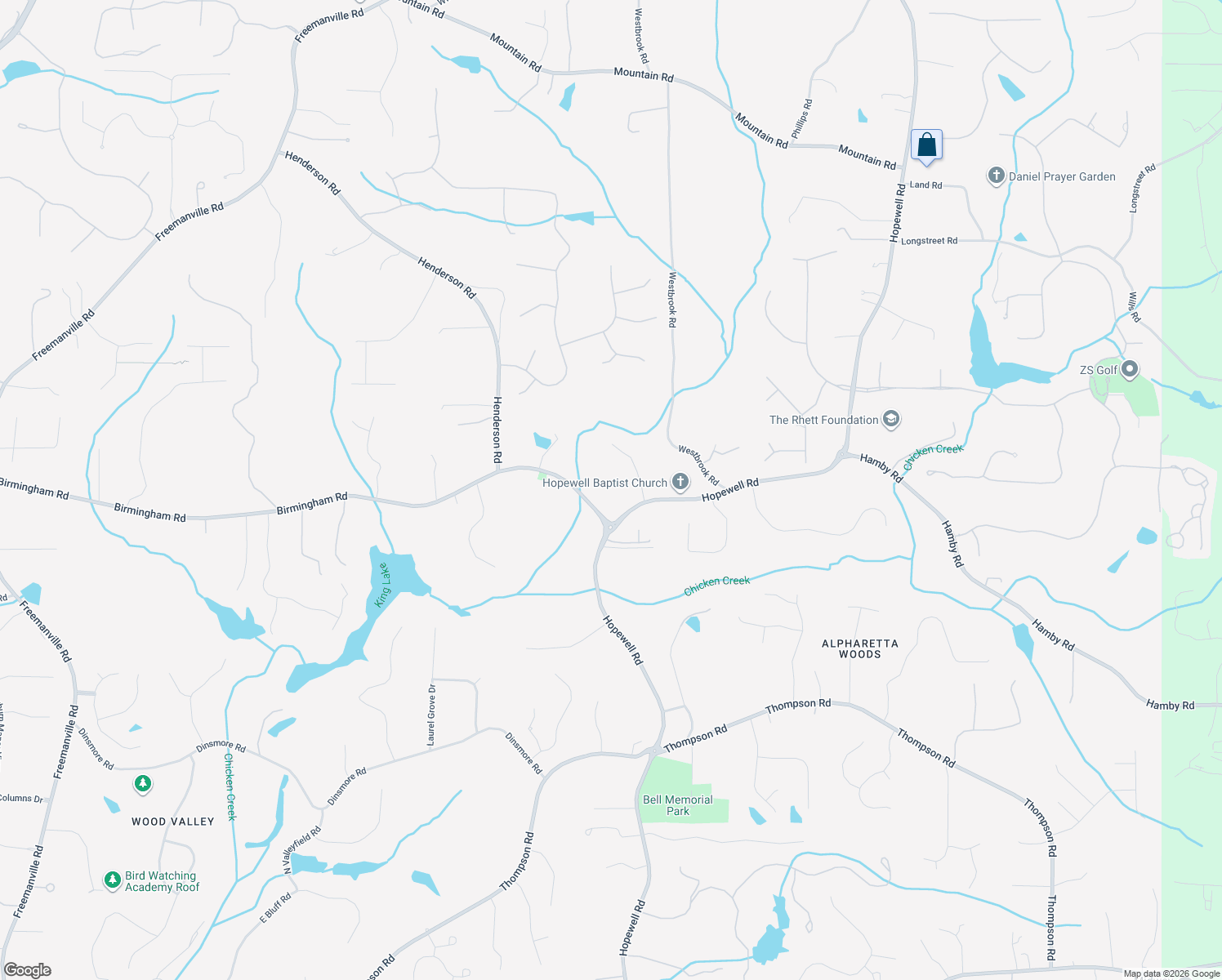 map of restaurants, bars, coffee shops, grocery stores, and more near 2425 Birmingham Road in Alpharetta