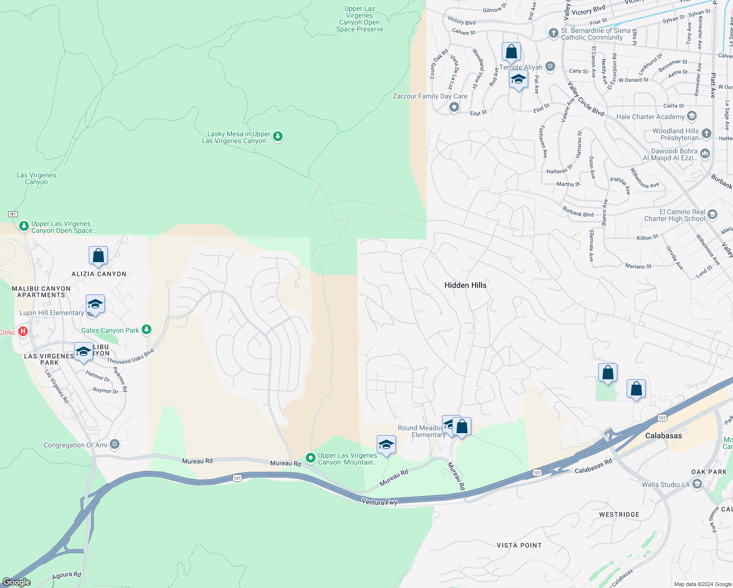 map of restaurants, bars, coffee shops, grocery stores, and more near 25057 Lewis and Clark Road in Hidden Hills
