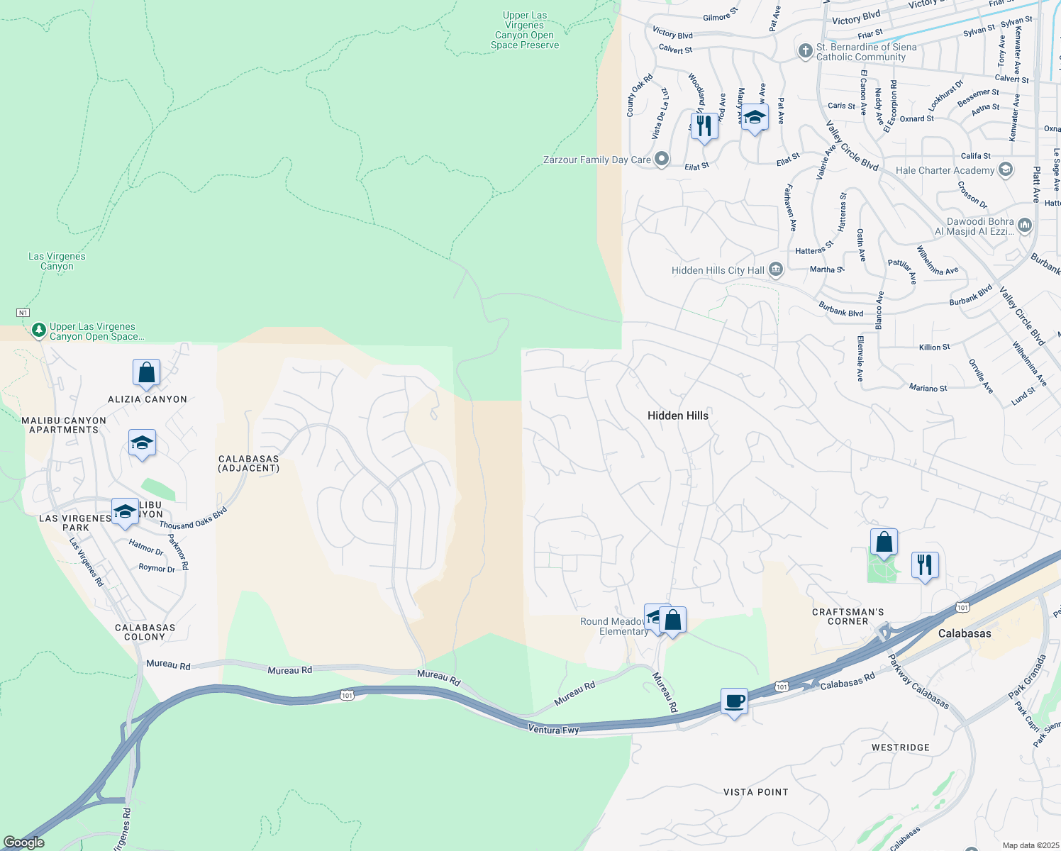 map of restaurants, bars, coffee shops, grocery stores, and more near 25057 Lewis and Clark Road in Hidden Hills