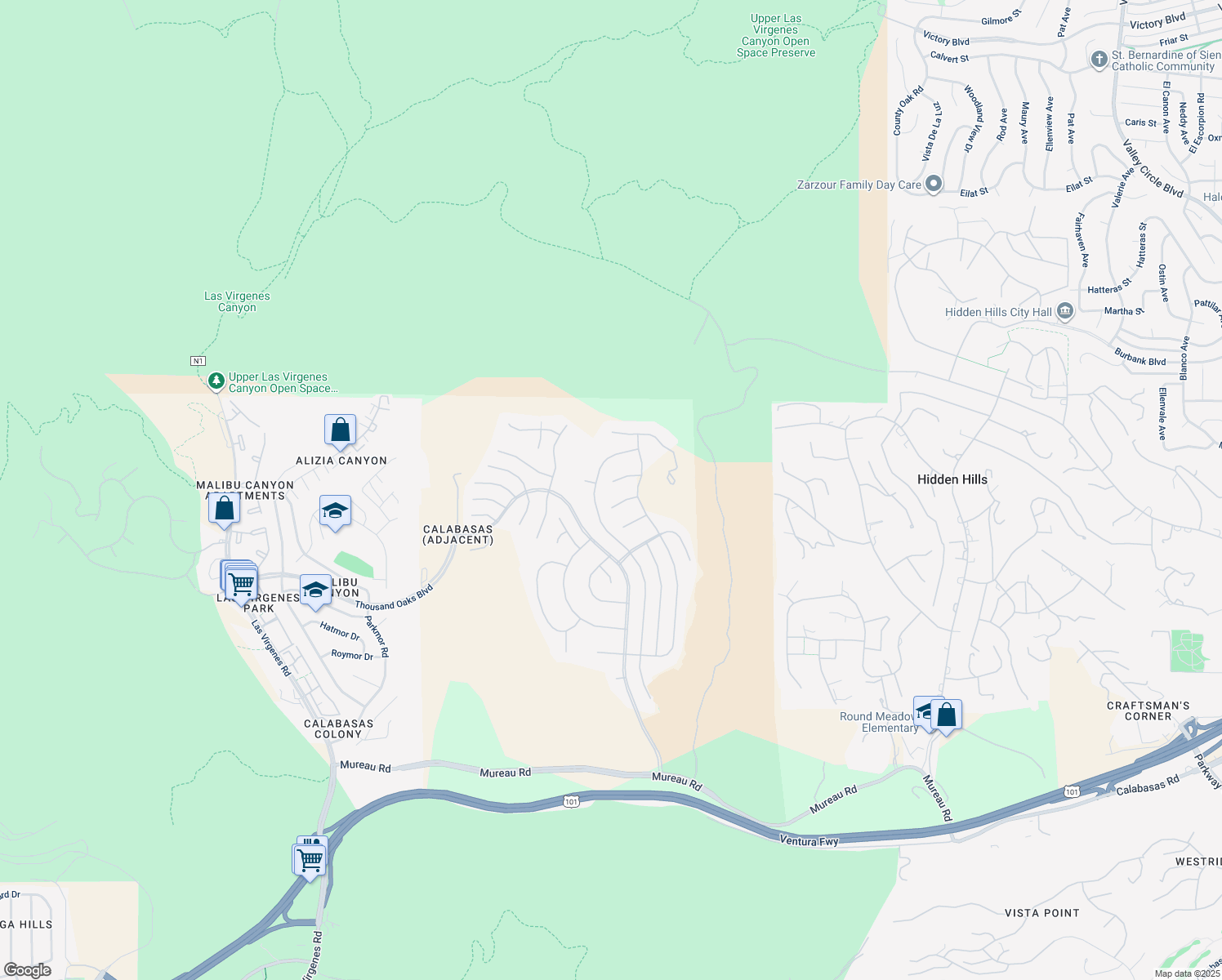 map of restaurants, bars, coffee shops, grocery stores, and more near 25548 Gaylord Court in Calabasas