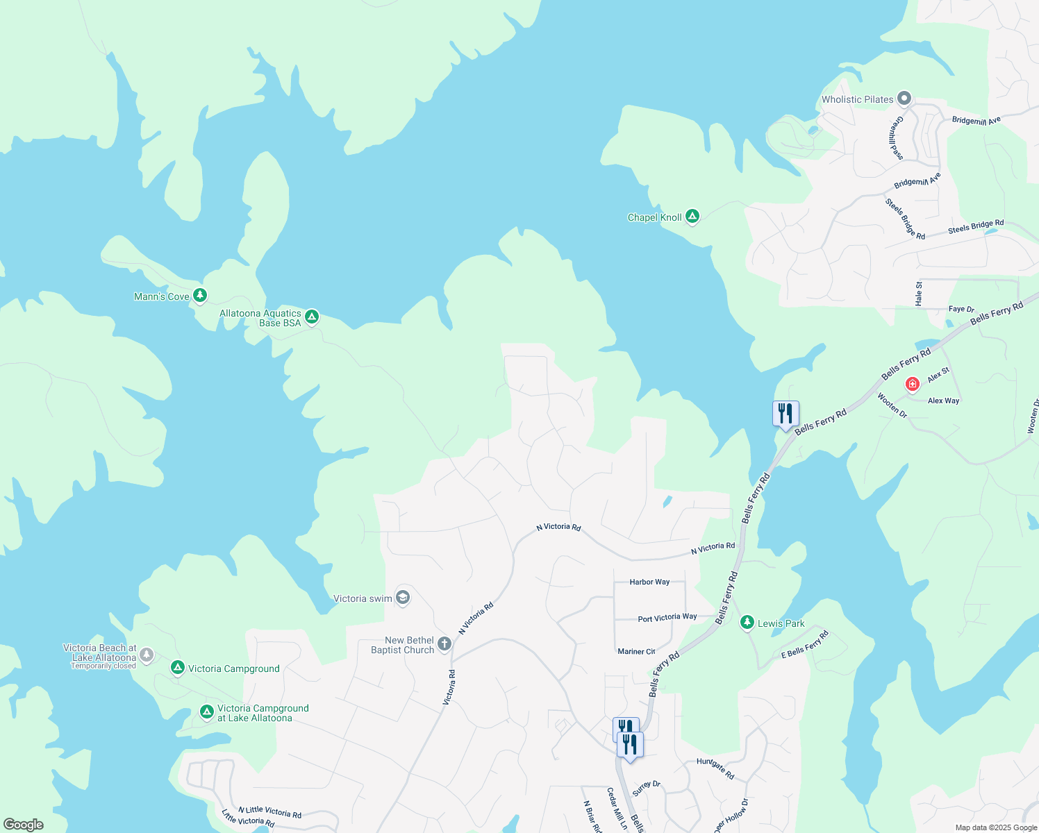 map of restaurants, bars, coffee shops, grocery stores, and more near 1511 Harbor Watch Court in Woodstock