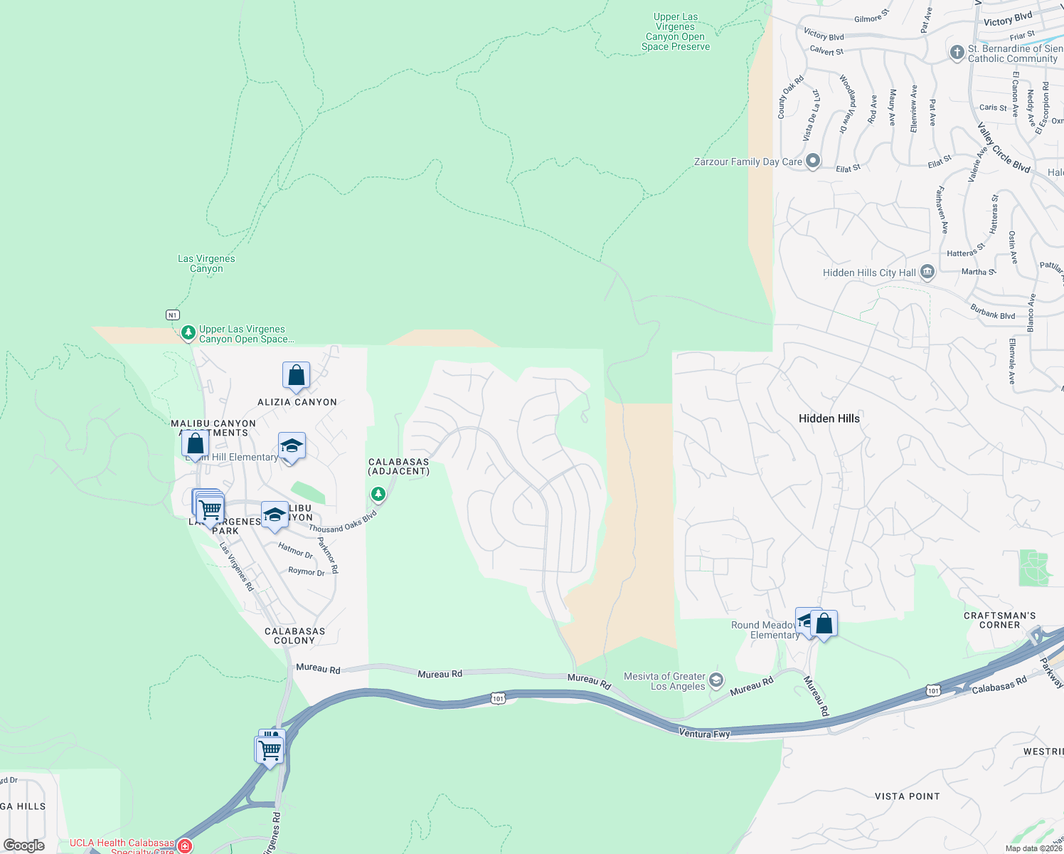 map of restaurants, bars, coffee shops, grocery stores, and more near 25548 Gaylord Court in Calabasas