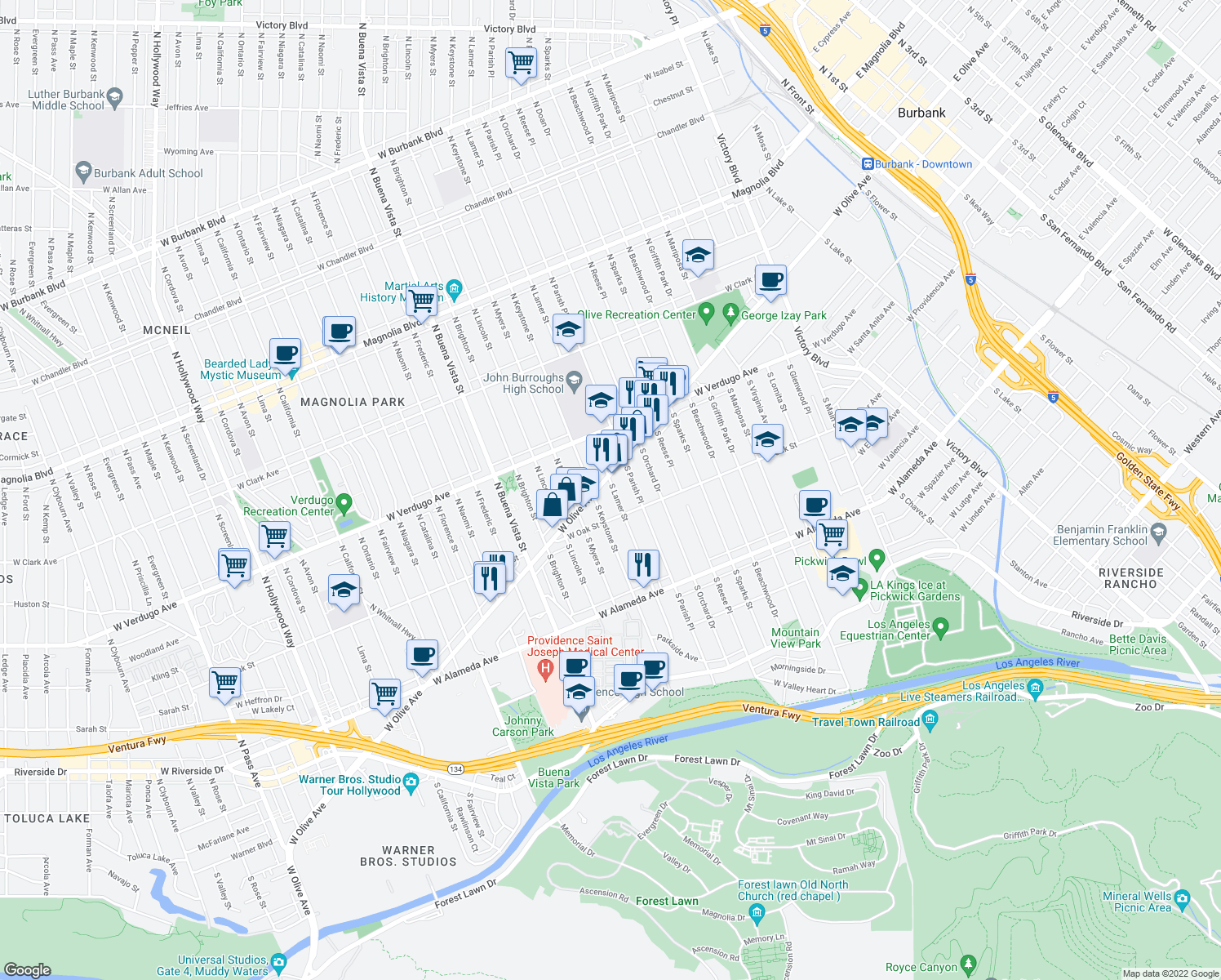 map of restaurants, bars, coffee shops, grocery stores, and more near 115 South Lamer Street in Burbank