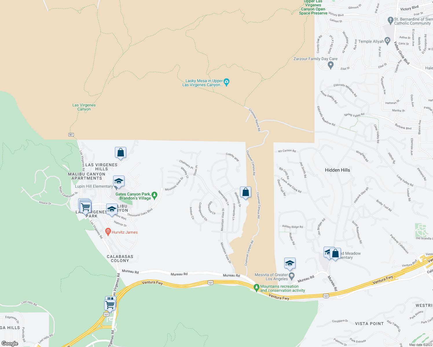 map of restaurants, bars, coffee shops, grocery stores, and more near 25548 Gaylord Court in Calabasas