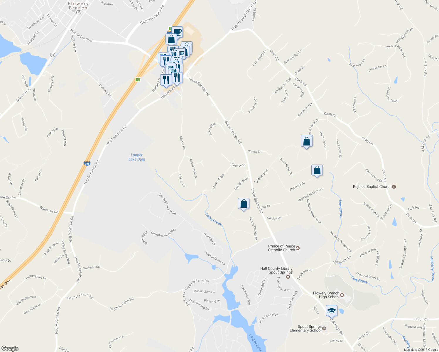 map of restaurants, bars, coffee shops, grocery stores, and more near 6236 Malibu Ridge in Flowery Branch