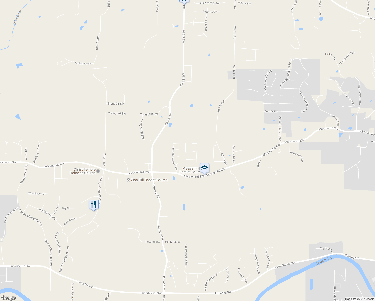 map of restaurants, bars, coffee shops, grocery stores, and more near 24 Bramblewood Point Southwest in Cartersville