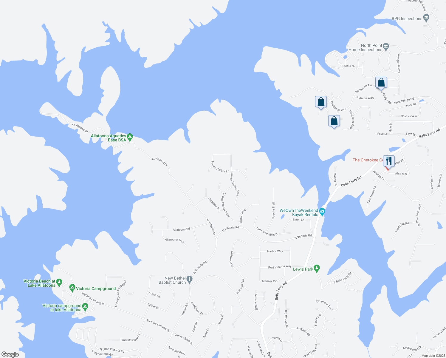 map of restaurants, bars, coffee shops, grocery stores, and more near 1506 Harbor Watch Court in Woodstock