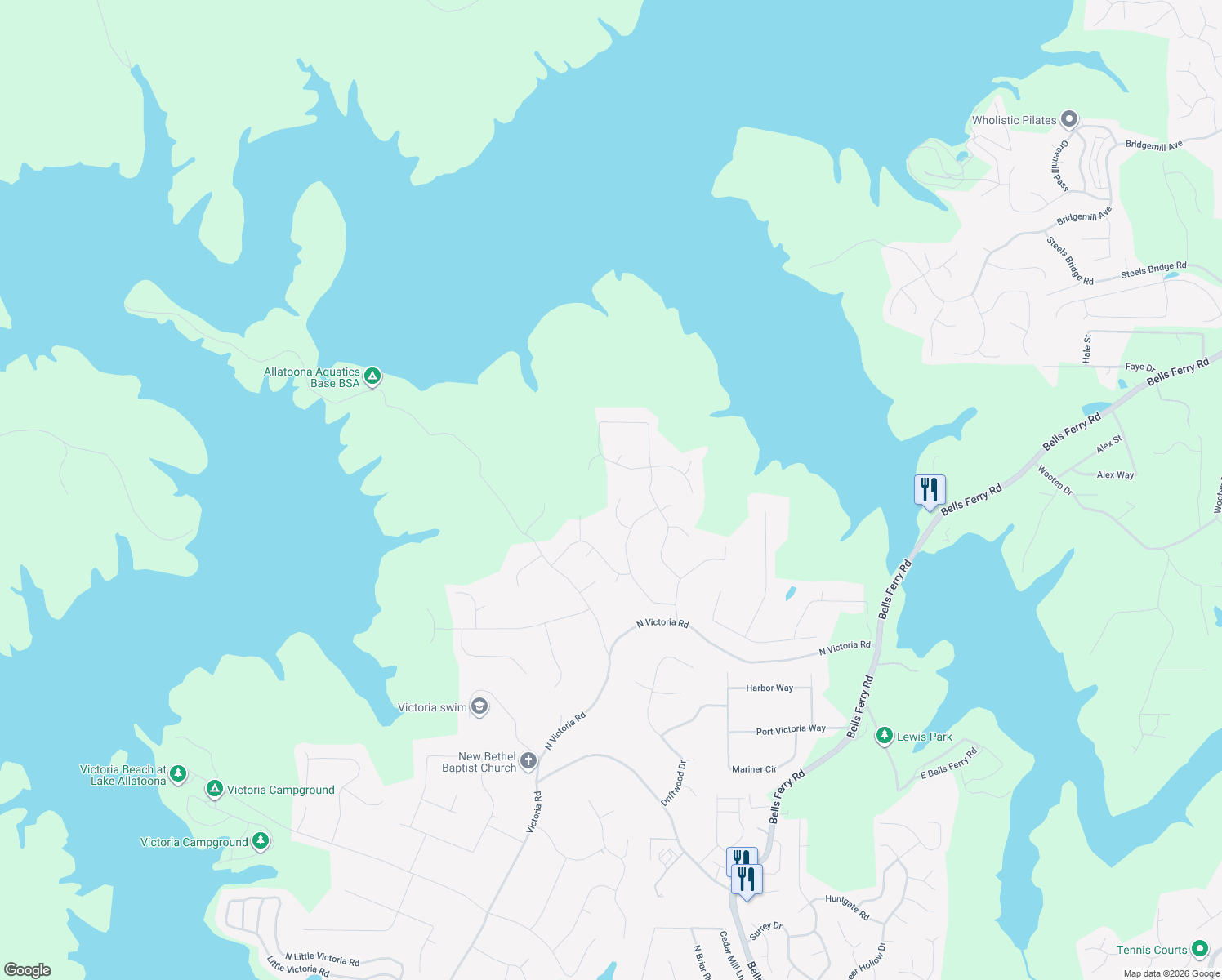map of restaurants, bars, coffee shops, grocery stores, and more near 1507 Harbor Watch Court in Woodstock