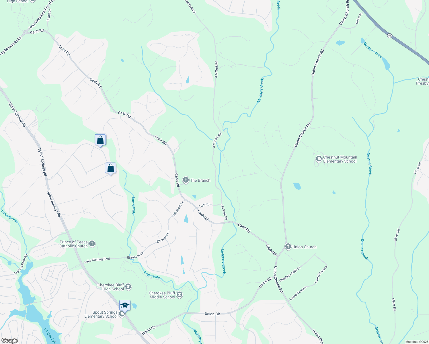 map of restaurants, bars, coffee shops, grocery stores, and more near 5208 Stately Oaks Drive in Flowery Branch
