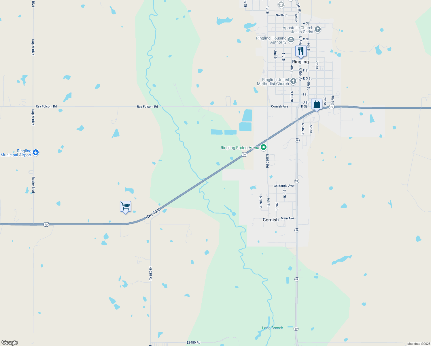 map of restaurants, bars, coffee shops, grocery stores, and more near U.S. 70 in Ringling