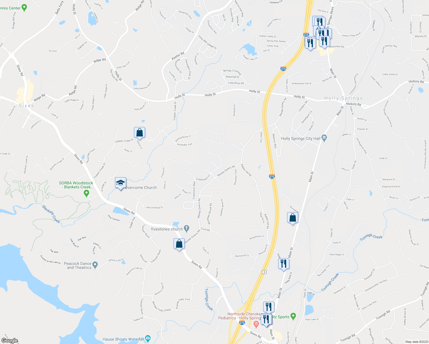 map of restaurants, bars, coffee shops, grocery stores, and more near 424 Crestmont Lane in Canton
