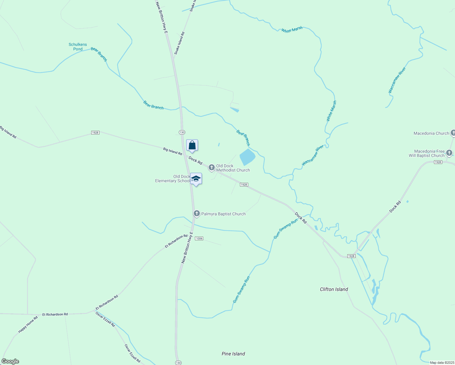 map of restaurants, bars, coffee shops, grocery stores, and more near 400 Dock Road in Whiteville