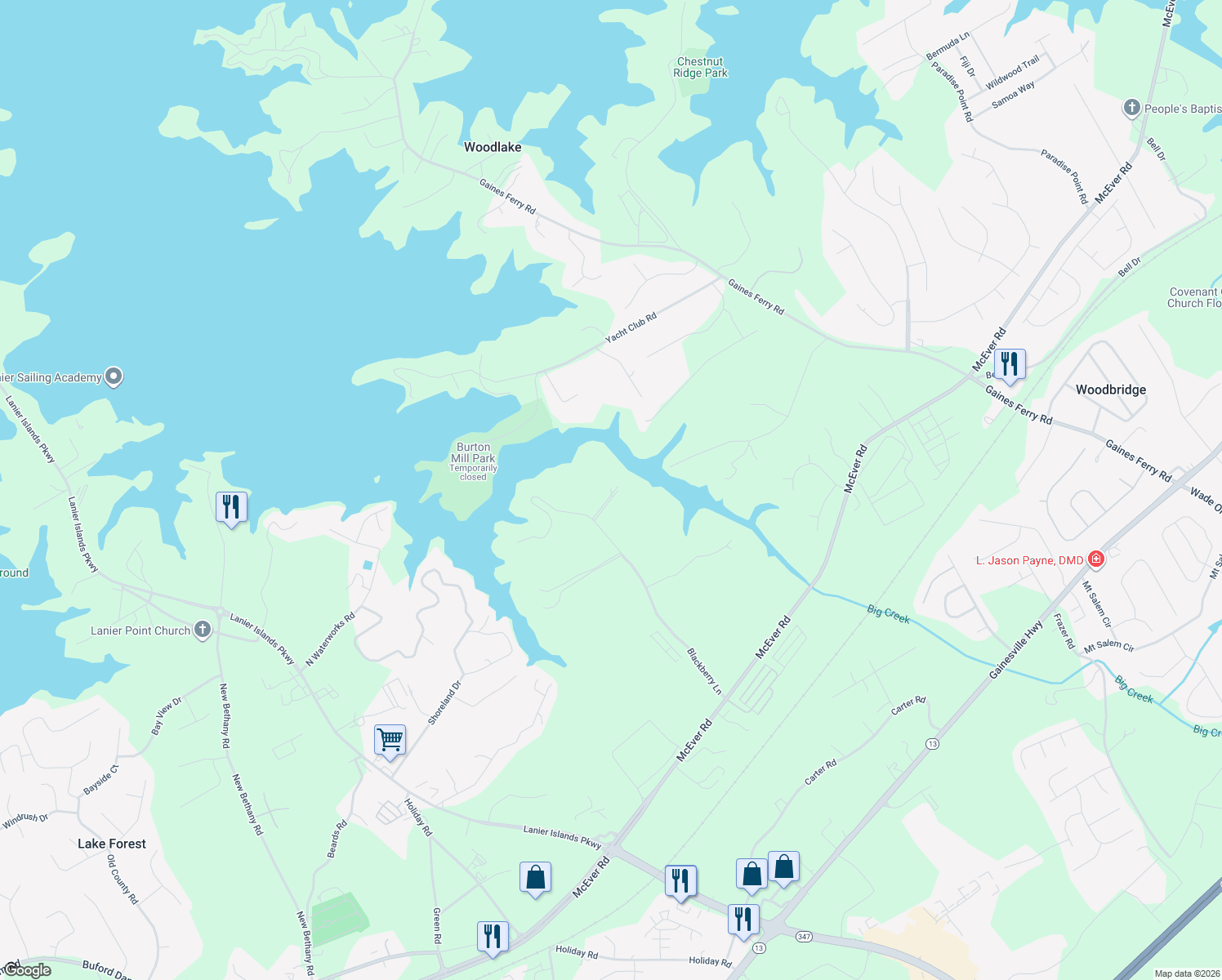 map of restaurants, bars, coffee shops, grocery stores, and more near 5975 Blackberry Lane in Buford