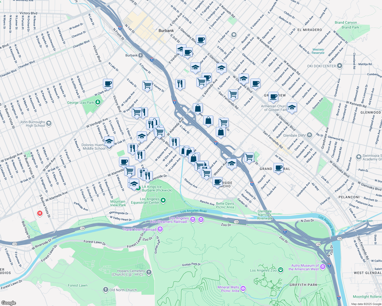 map of restaurants, bars, coffee shops, grocery stores, and more near 331 Allen Avenue in Glendale