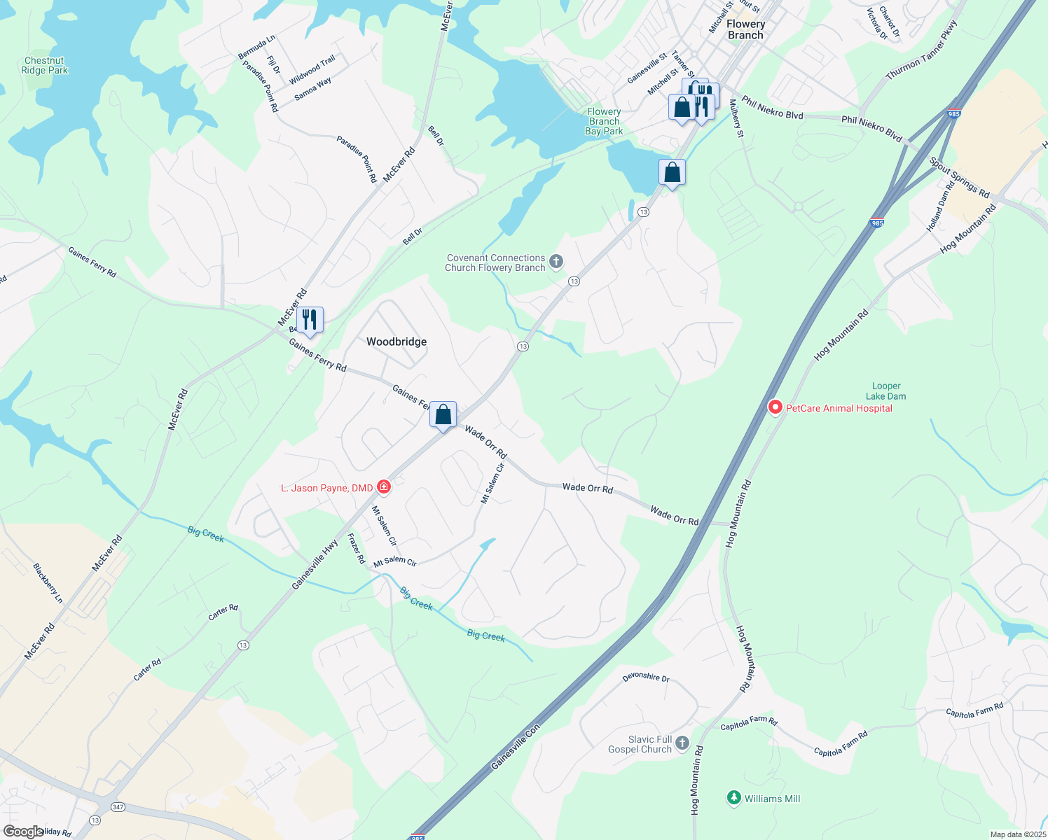 map of restaurants, bars, coffee shops, grocery stores, and more near 5964 Rose Overlook in Flowery Branch