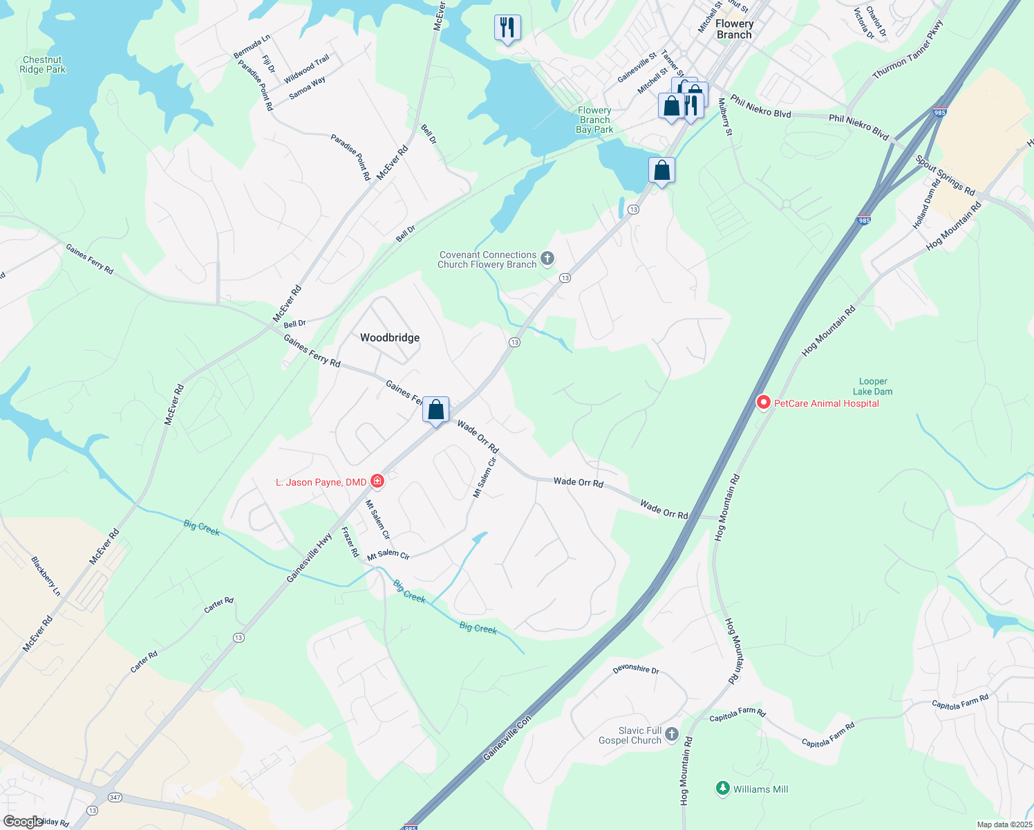 map of restaurants, bars, coffee shops, grocery stores, and more near 5964 Rose Overlook in Flowery Branch