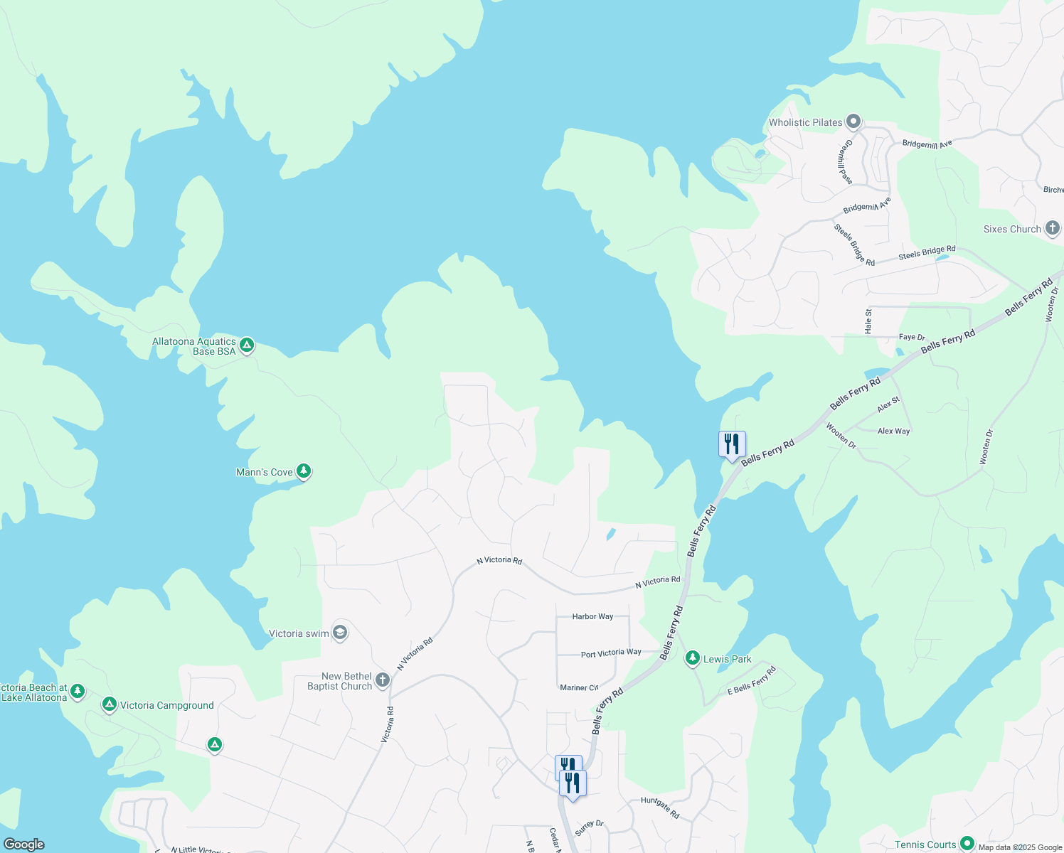 map of restaurants, bars, coffee shops, grocery stores, and more near 1204 Towne Harbor Court in Woodstock